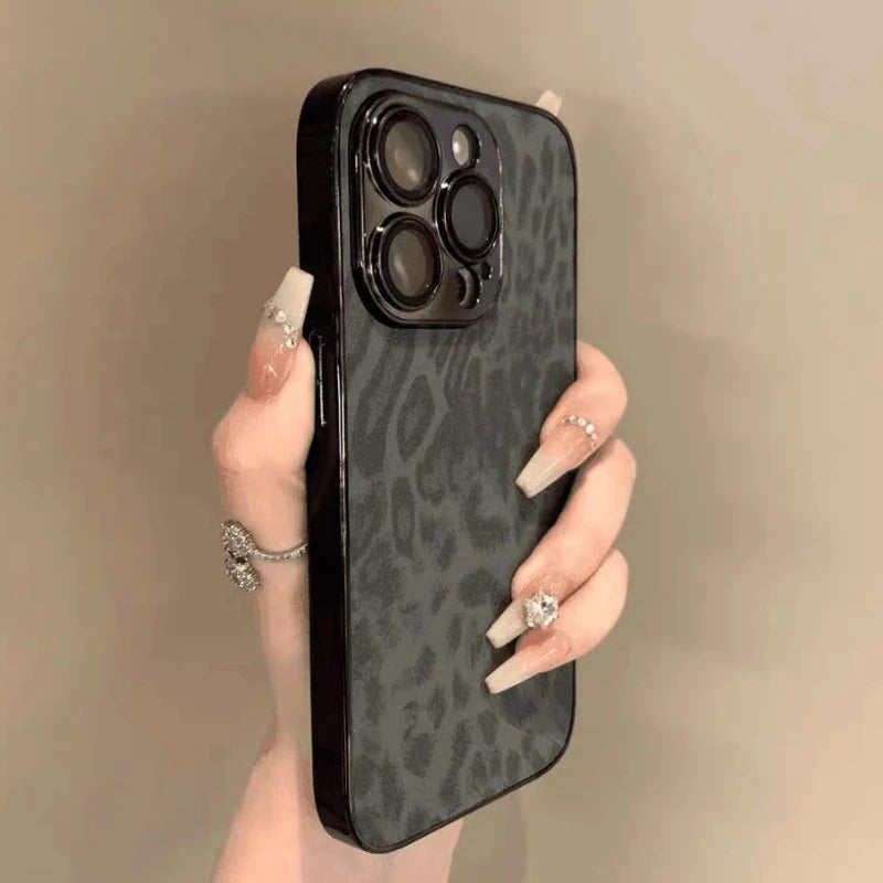 Leopard Print iPhone Case with Leather Texture & Lens Protection