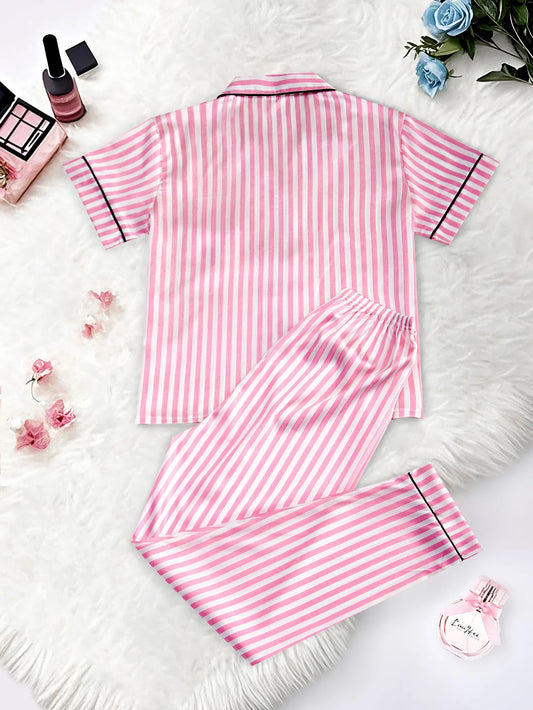 Women's Satin Pajama Set Short Sleeve Striped Sleepwear with Pockets
