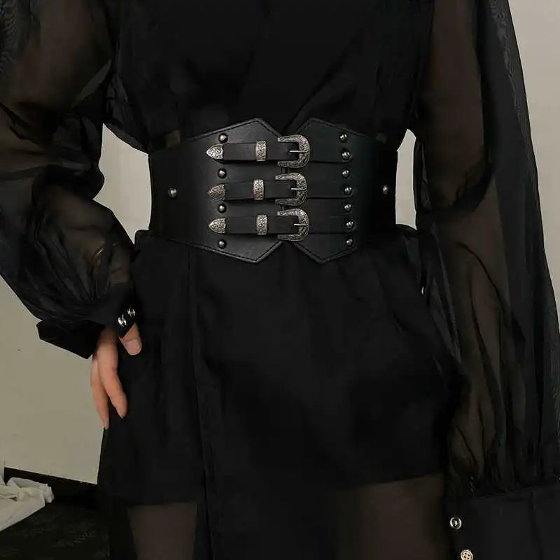 Retro Fashionable Punk Wide Waistband Women's Wide Belt for Dress Halloween Accessories Black