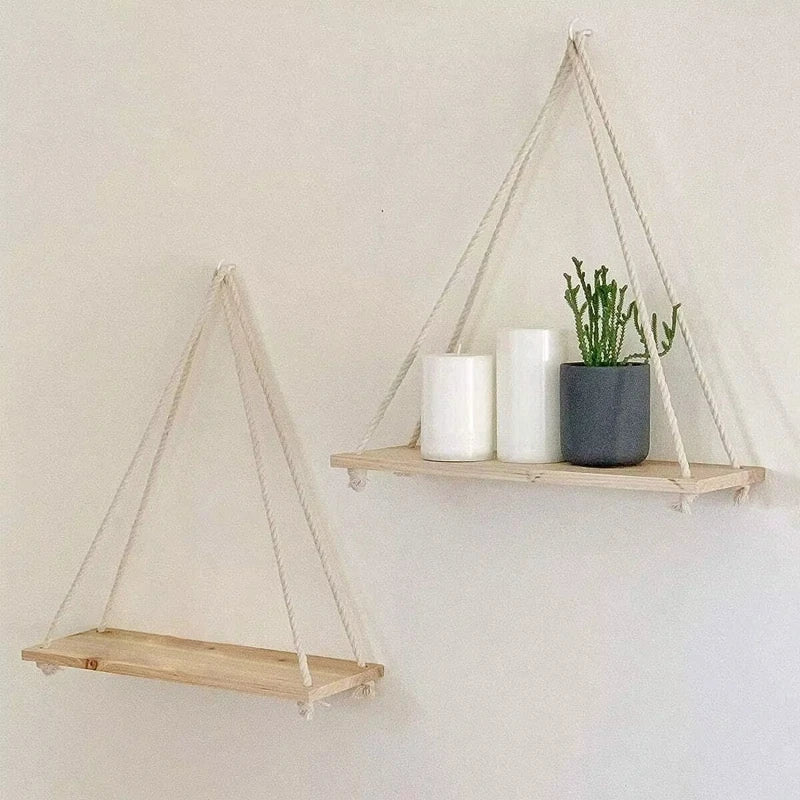Hanging Wall Shelf, Wooden Rope Floating Shelf
