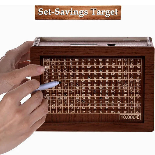 Wooden Money Saving Box – Reusable Savings Challenge Piggy Bank