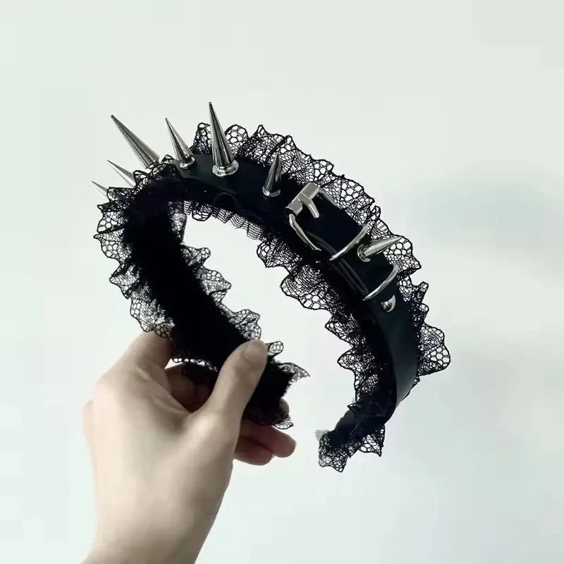 Gothic Punk Lace Headband – Black Studded Statement Hair Accessory