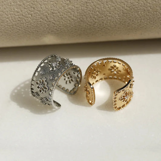 VENTFILLE 925 Sterling Silver Flower Geometry Ring For Women Girl Hollow Out Zircon Grace Wide Jewelry Gift Dropshipping