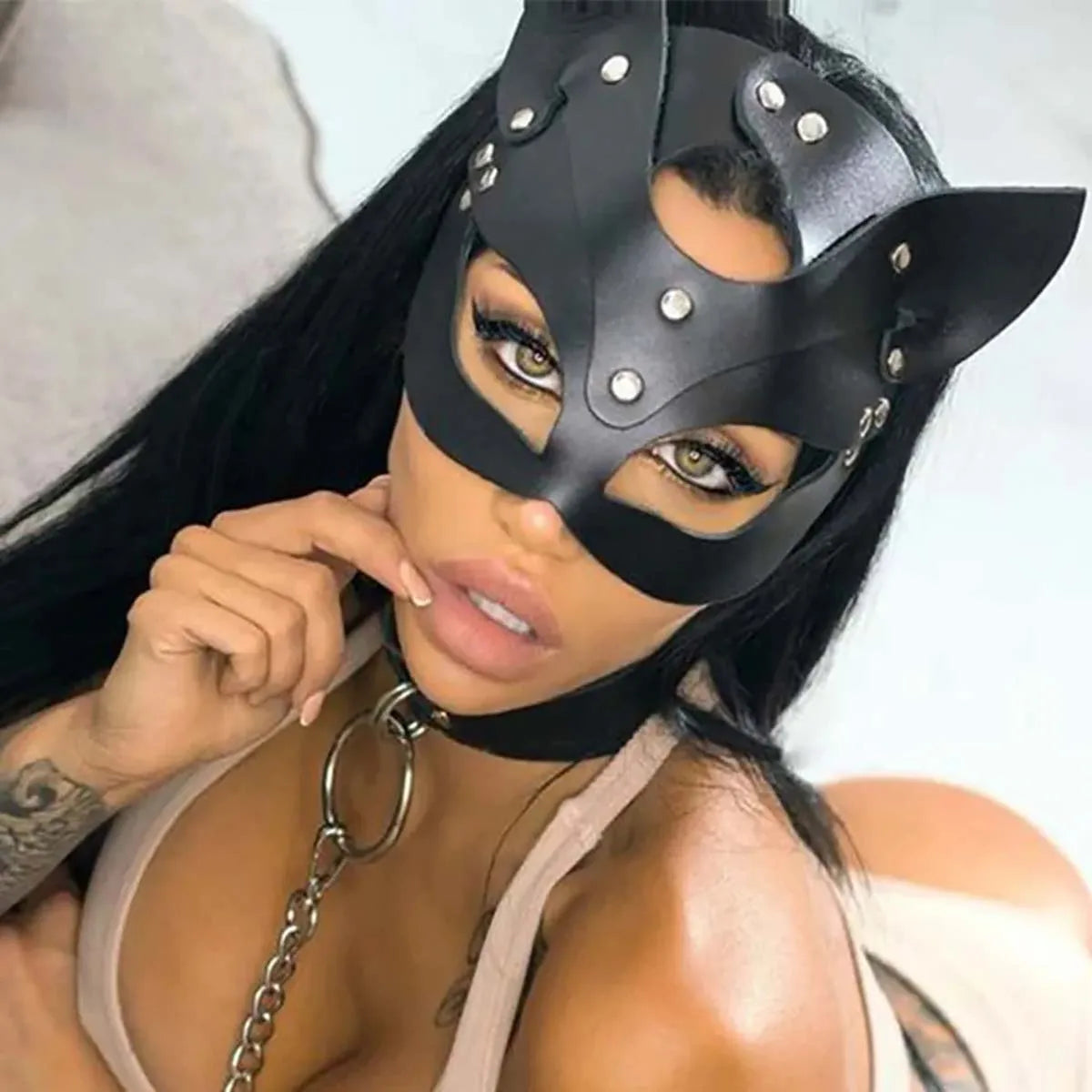 Women Punk Gothic Black PU Leather Eye Mask, Adjustable Buckle Decor Cosplay Accessory for Halloween Rave Festival Club Party