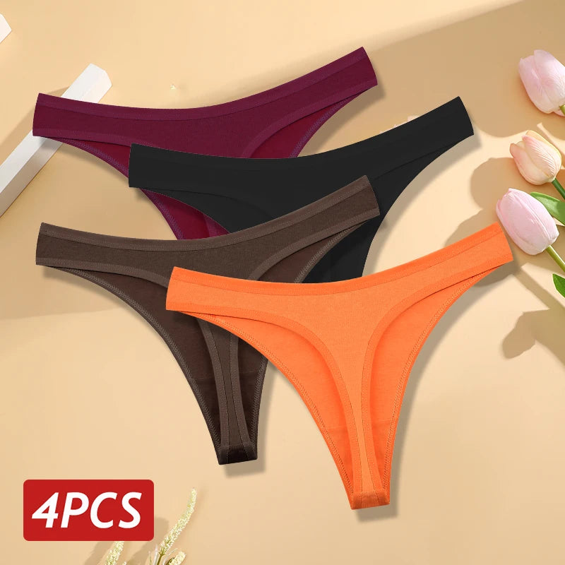 Women's Cotton Thong Panties 4PCS Seamless Low Rise Set