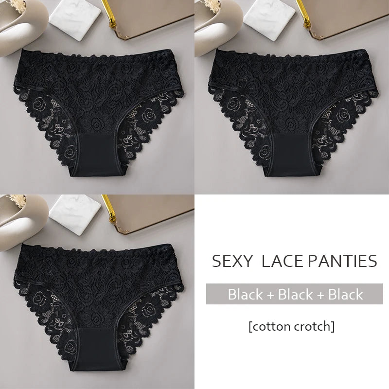 Lace Cotton Panties 3PCS Floral Embroidered Women's Briefs