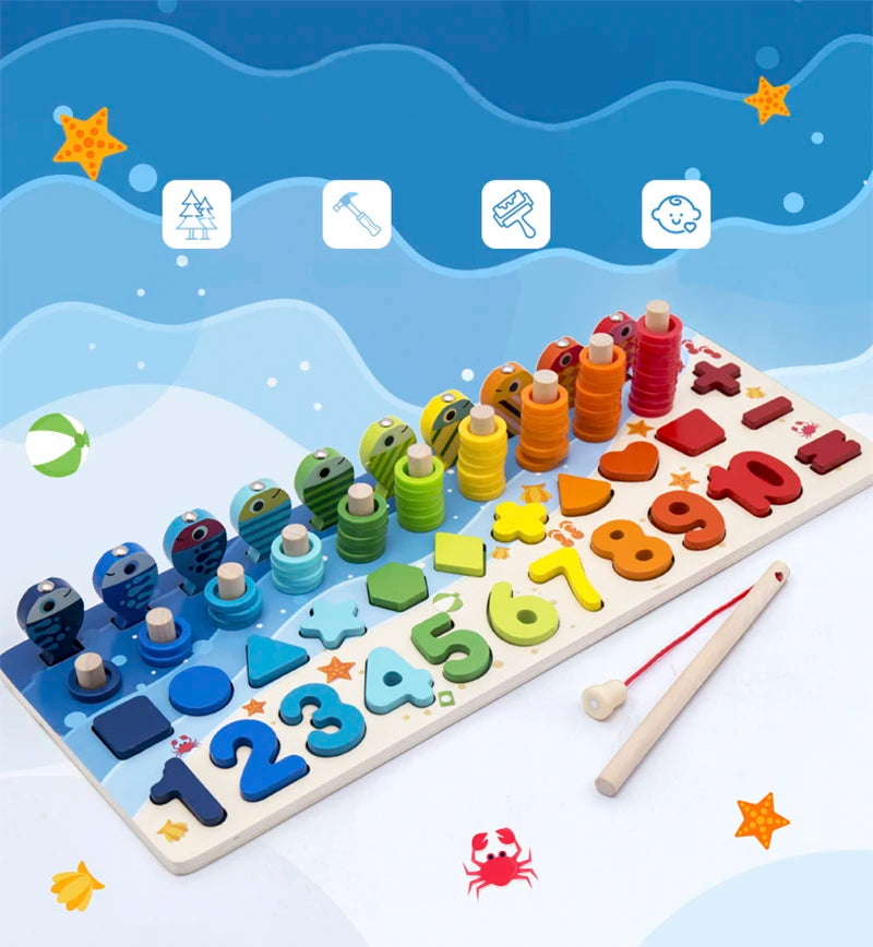 3D Wooden Montessori Fishing Toy – Shape & Number Matching Learning Set