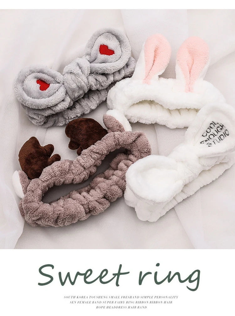 Coral Fleece Bow Animal Ears Wash Face Headband