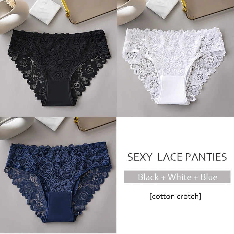 Lace Cotton Panties 3PCS Floral Embroidered Women's Briefs