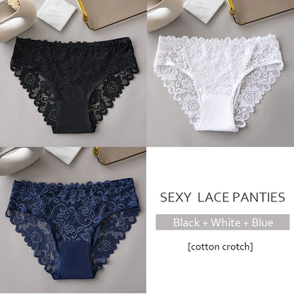 Lace Cotton Panties 3PCS Floral Embroidered Women's Briefs