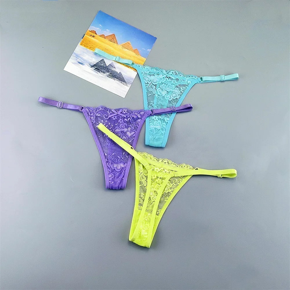 Women's Lace Thong Panties 3PCS Adjustable Low Rise Set