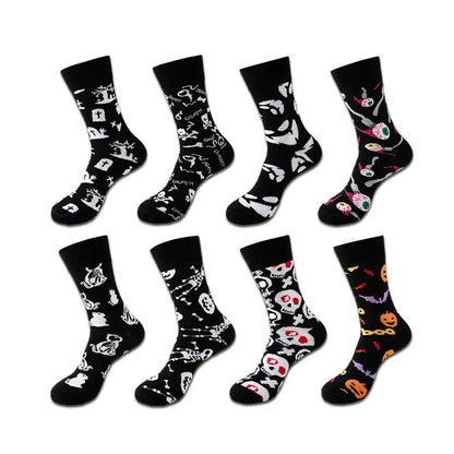 1/8 Pairs Unisex Halloween Printed Mid Tube Socks Fashionable Skull Pumpkin Sweat Absorbing Breathable All Season Casual Socks