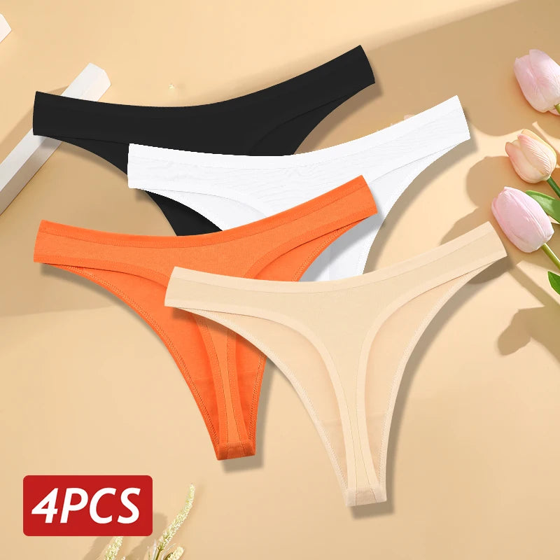 Women's Cotton Thong Panties 4PCS Seamless Low Rise Set