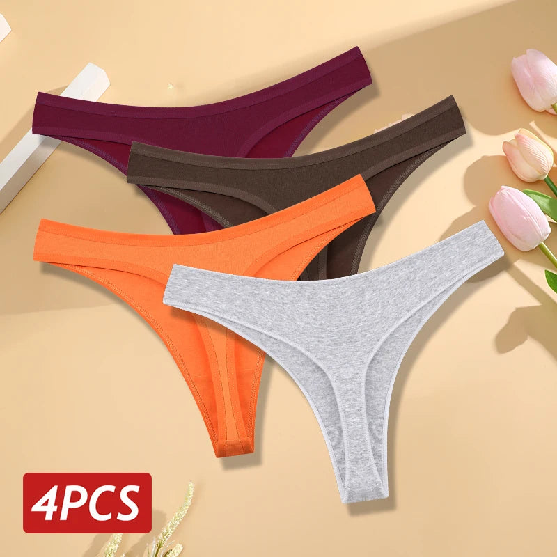 Women's Cotton Thong Panties 4PCS Seamless Low Rise Set