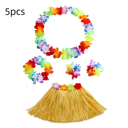 Hawaiian Luau Costume Set with Grass Skirt & Flower Leis