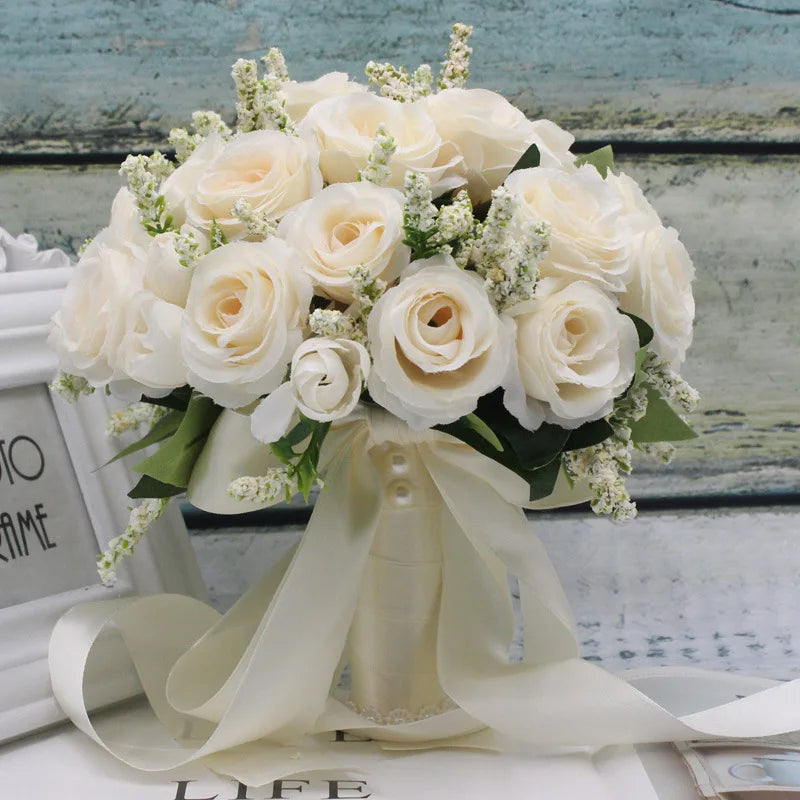 White Rose Wedding Bouquet – Handmade Silk Bridal Flowers
