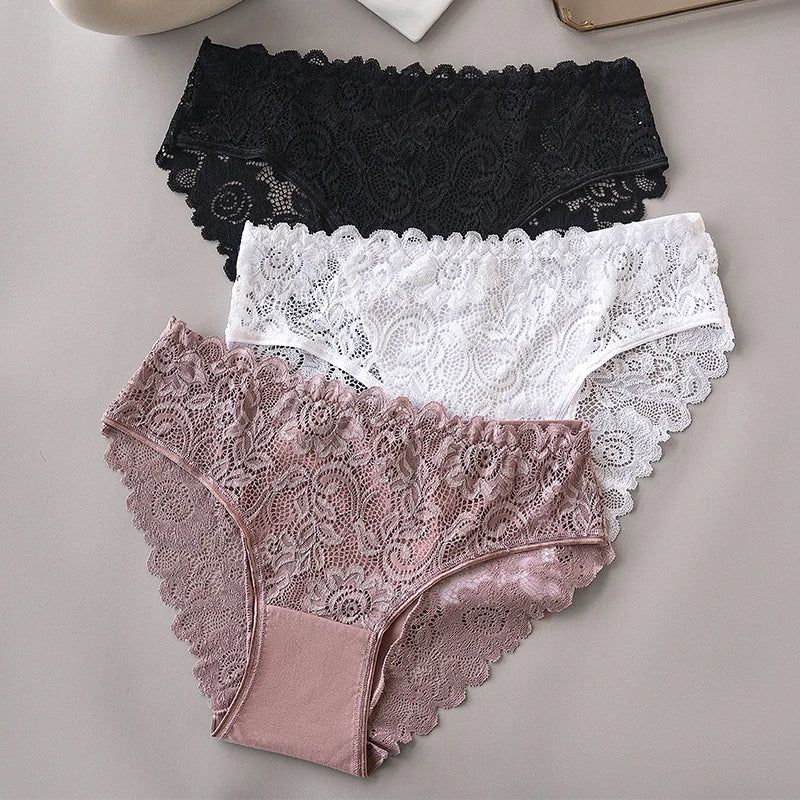 Lace Cotton Panties 3PCS Floral Embroidered Women's Briefs