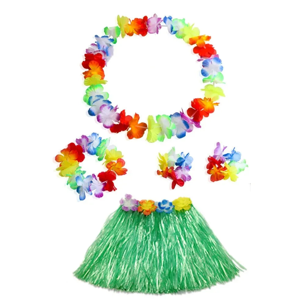 Hawaiian Luau Costume Set with Grass Skirt & Flower Leis