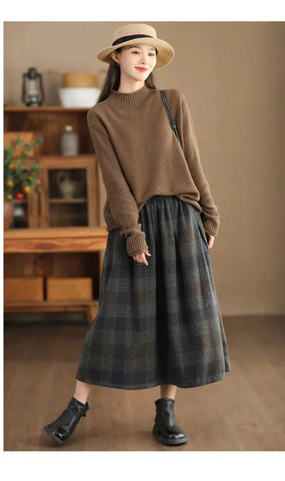 Women's Woolen Skirt 10% Wool Plaid A-Line Mid Length Winter Skirt