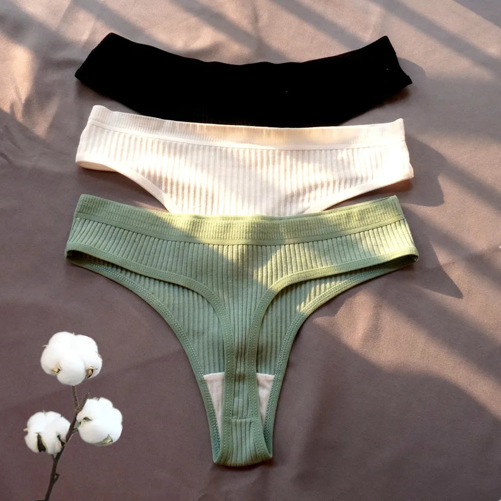 Cotton Ribbed Thong 3PCS Women's Seamless Low Rise G String