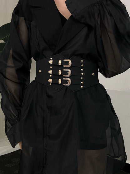 Retro Fashionable Punk Wide Waistband Women's Wide Belt for Dress Halloween Accessories Black