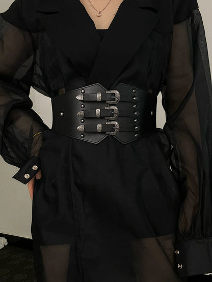 Retro Fashionable Punk Wide Waistband Women's Wide Belt for Dress Halloween Accessories Black