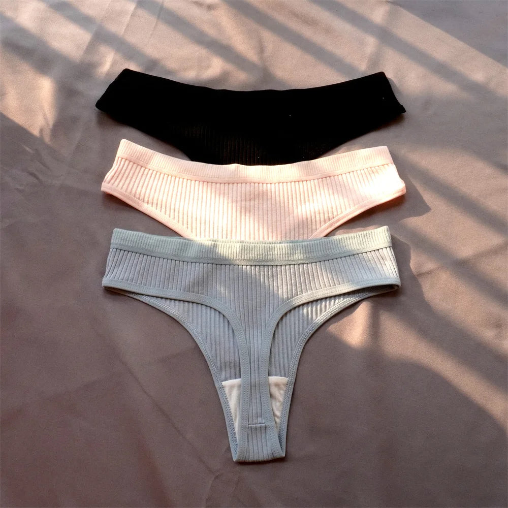 Cotton Ribbed Thong 3PCS Women's Seamless Low Rise G String