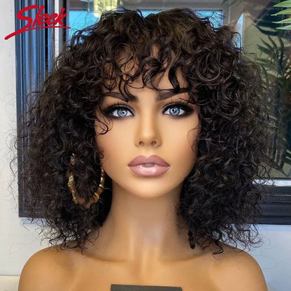 Pixie Bob Human Hair Wig with Bangs Honey Blonde Jerry Curly