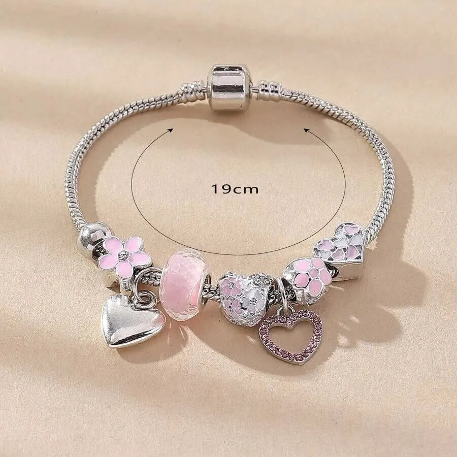 Heart Charm Bracelet – Crystal Flower Adjustable Bead Bracelet