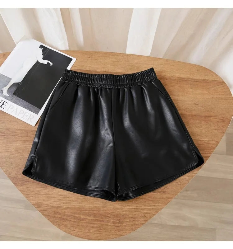 Women's PU Leather Shorts – High Waist Loose Fit Black Shorts