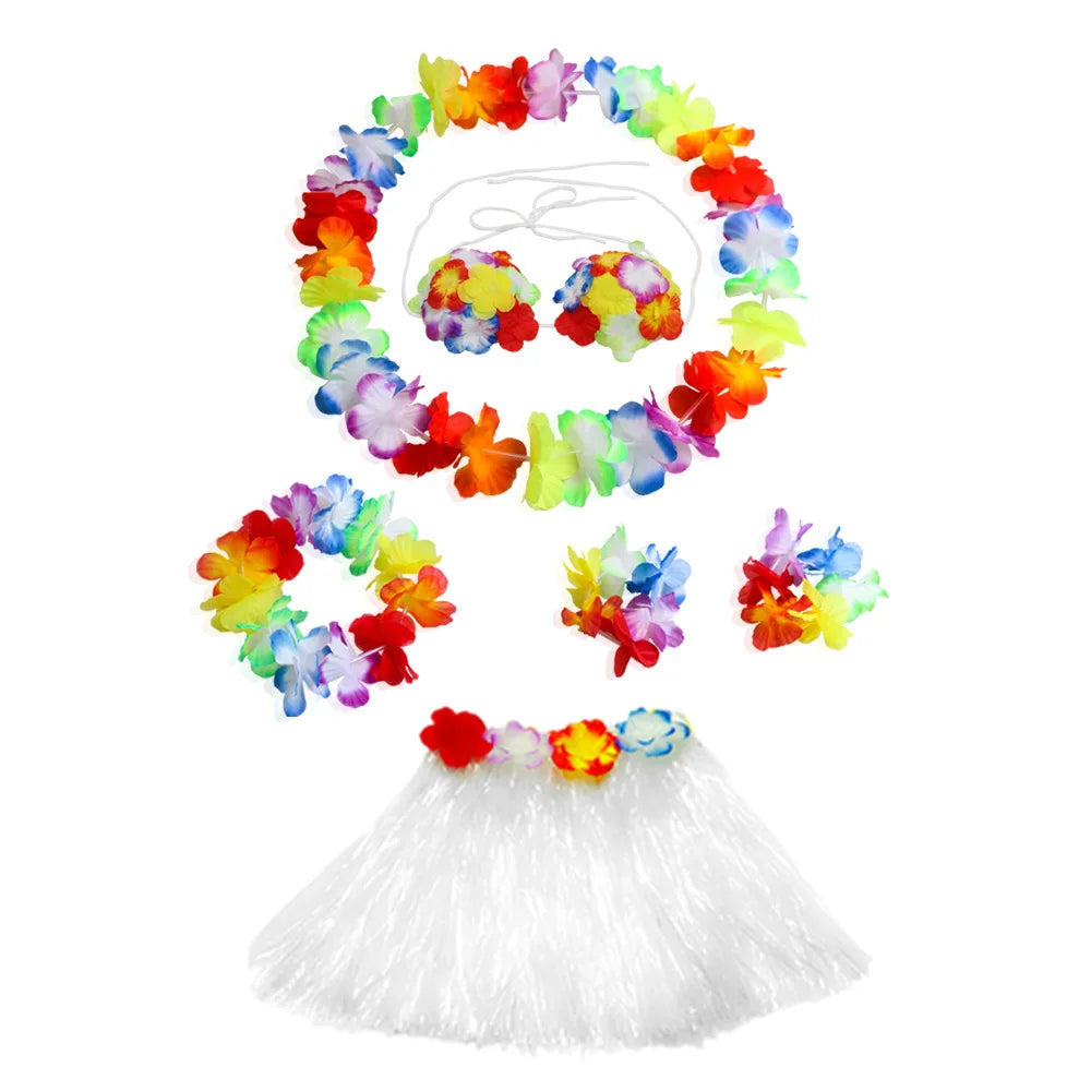 Hawaiian Luau Costume Set with Grass Skirt & Flower Leis