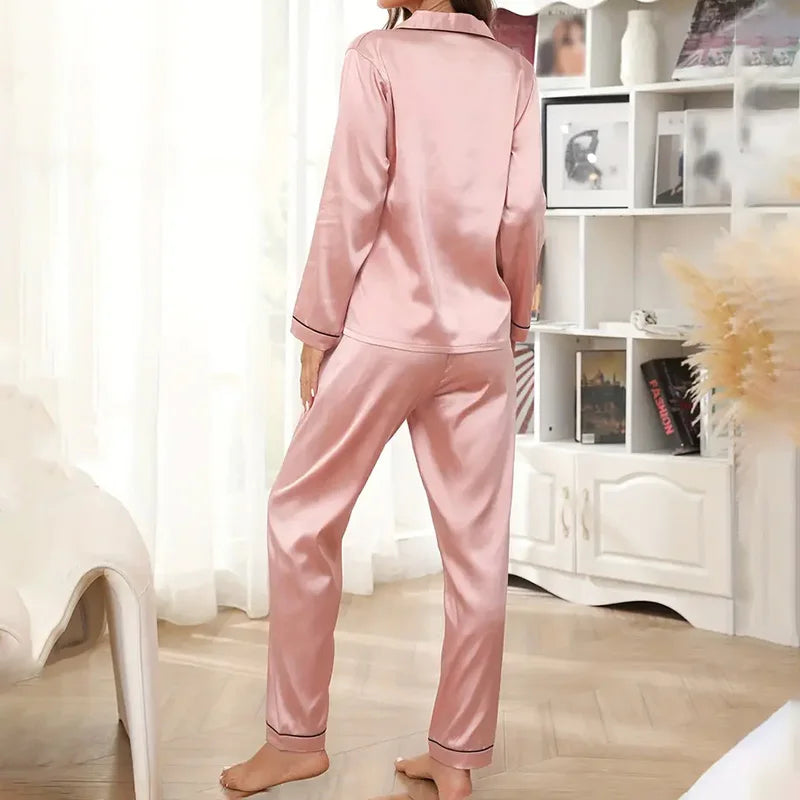 Women's Satin Pajama Set Long Sleeve Button Up Loungewear