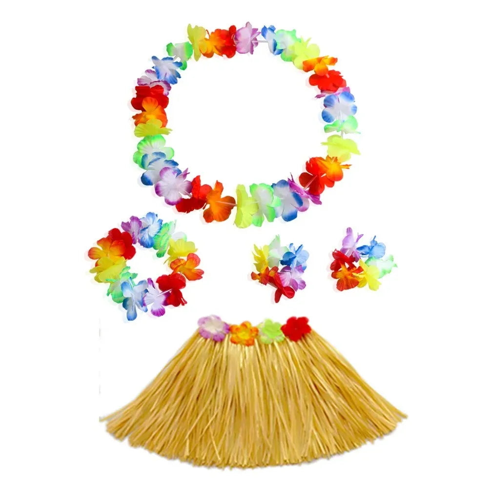 Hawaiian Luau Costume Set with Grass Skirt & Flower Leis