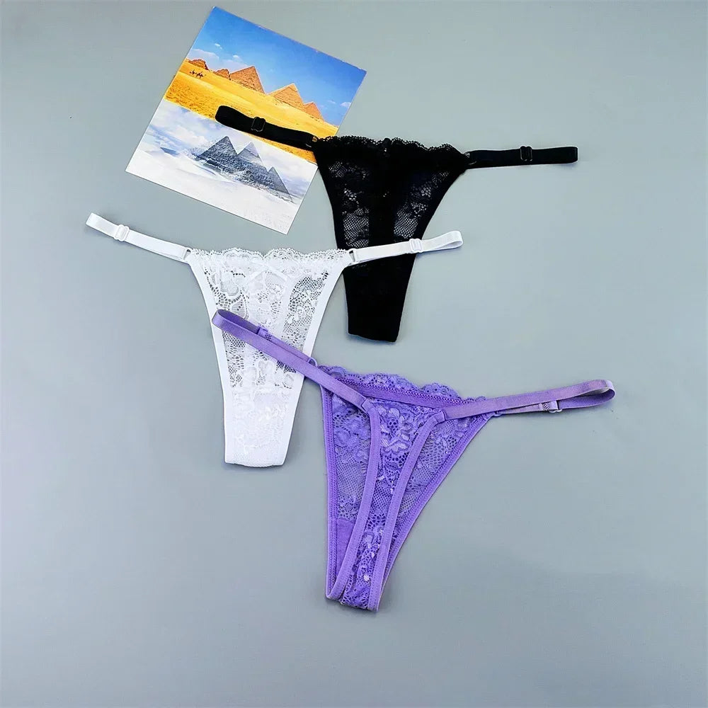 Women's Lace Thong Panties 3PCS Adjustable Low Rise Set