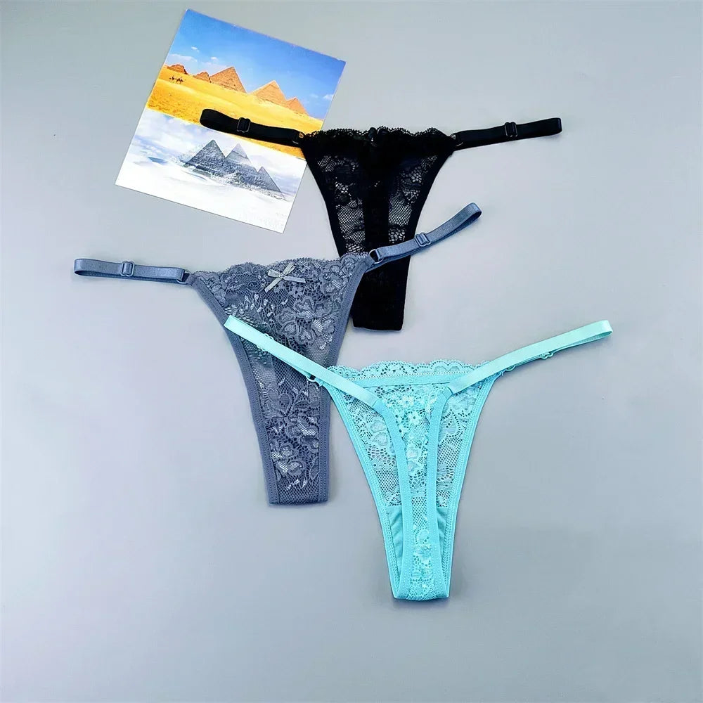 Women's Lace Thong Panties 3PCS Adjustable Low Rise Set