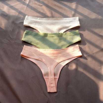 Cotton Ribbed Thong 3PCS Women's Seamless Low Rise G String