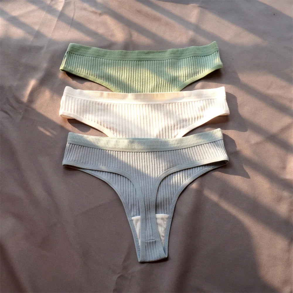 Cotton Ribbed Thong 3PCS Women's Seamless Low Rise G String