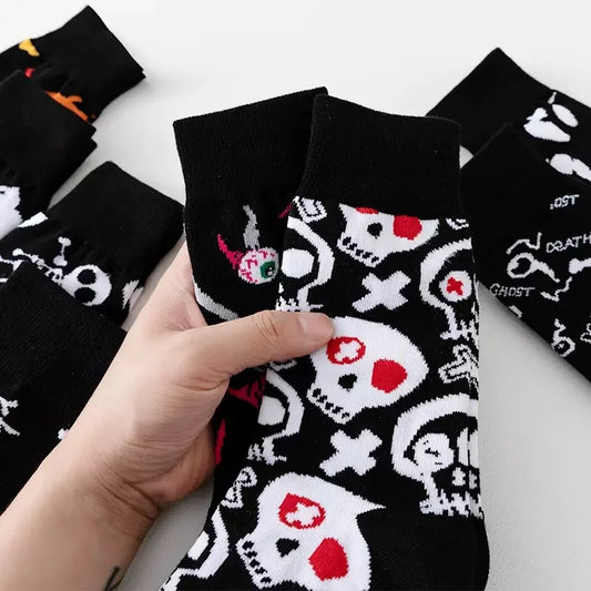 1/8 Pairs Unisex Halloween Printed Mid Tube Socks Fashionable Skull Pumpkin Sweat Absorbing Breathable All Season Casual Socks