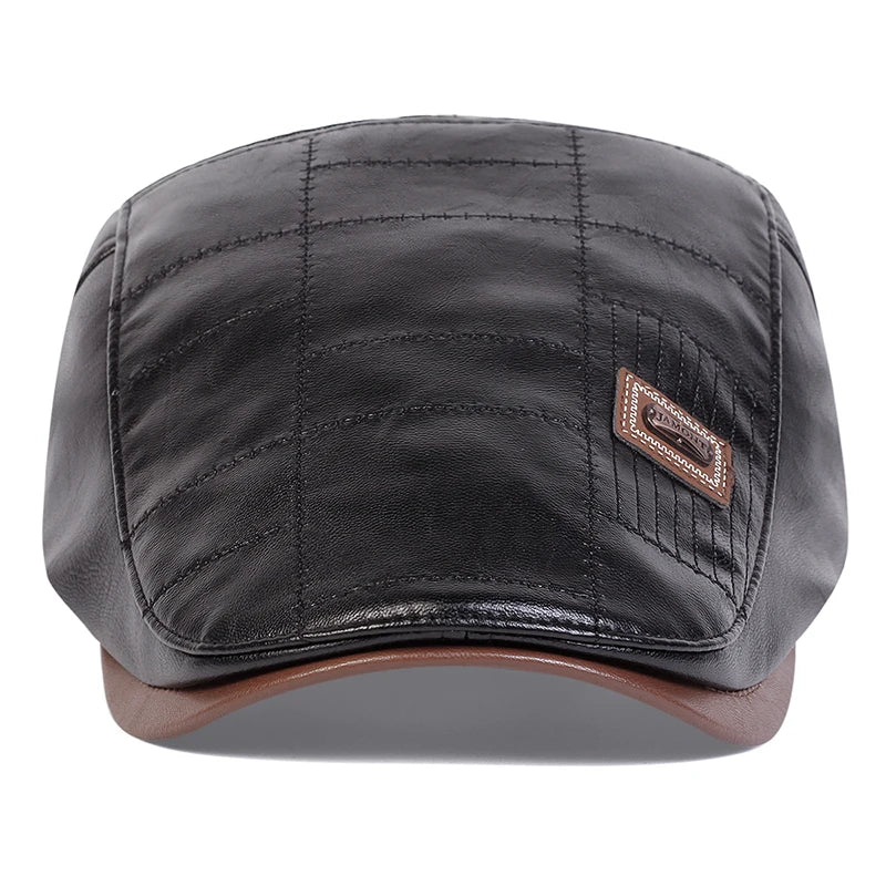 Men's Newsboy Cap Retro PU Leather Flat Beret Hat