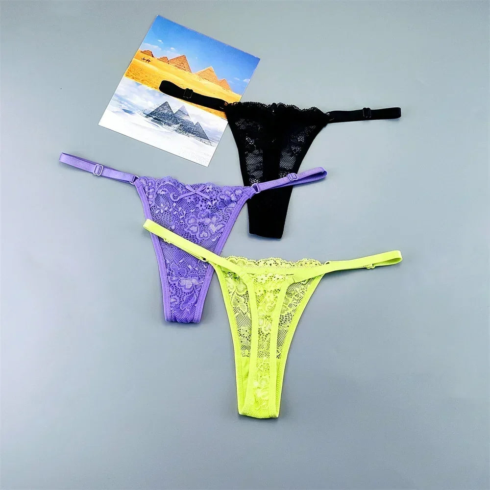 Women's Lace Thong Panties 3PCS Adjustable Low Rise Set