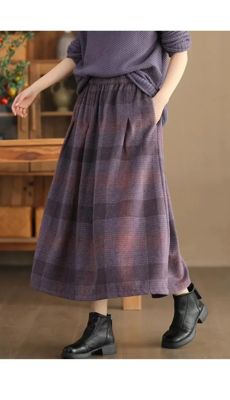 Women's Woolen Skirt 10% Wool Plaid A-Line Mid Length Winter Skirt