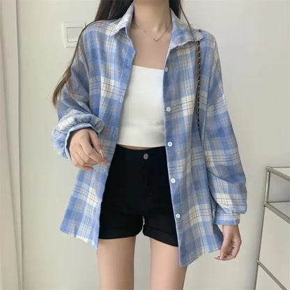 Plaid Shirt Women Long Sleeve Loose Check Button Down Blouse