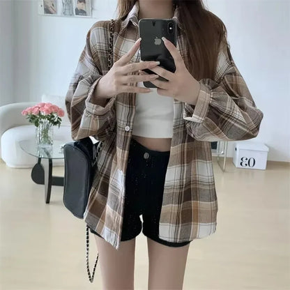 Plaid Shirt Women Long Sleeve Loose Check Button Down Blouse