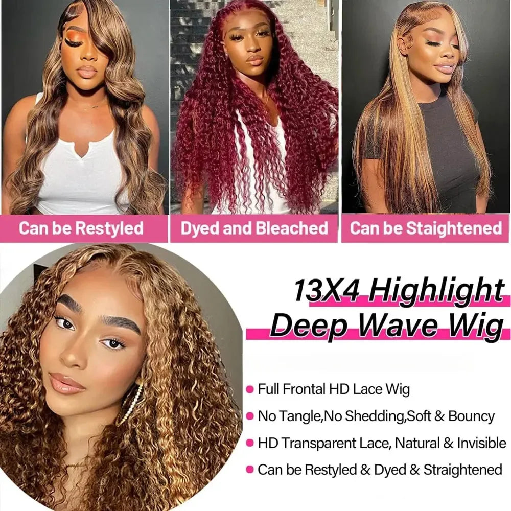 Highlight Deep Wave Wig 13x4 HD Lace Front Human Hair