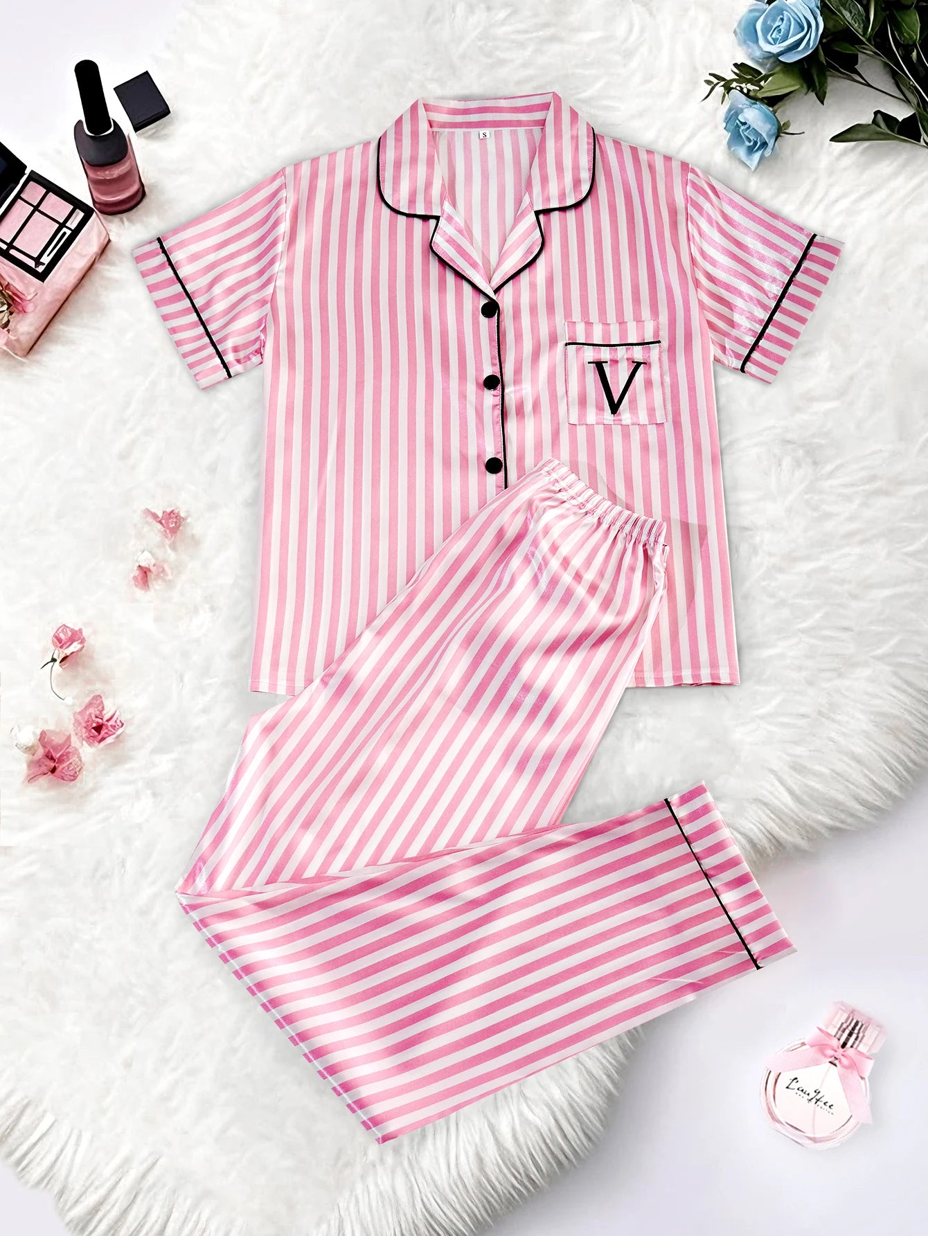 Women's Satin Pajama Set Short Sleeve Striped Sleepwear with Pockets