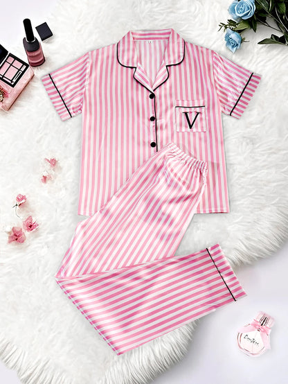 Women's Satin Pajama Set Short Sleeve Striped Sleepwear with Pockets