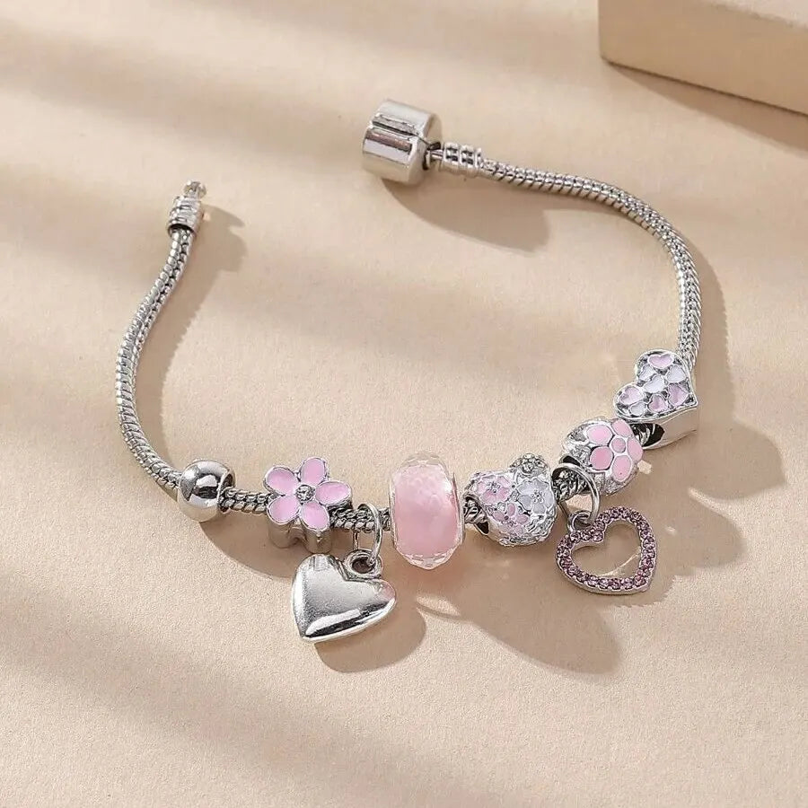 Heart Charm Bracelet – Crystal Flower Adjustable Bead Bracelet