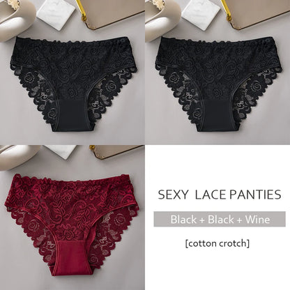 Lace Cotton Panties 3PCS Floral Embroidered Women's Briefs