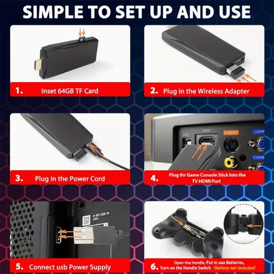 4K Retro Game Console Wireless Gaming Stick with Dual Controllers