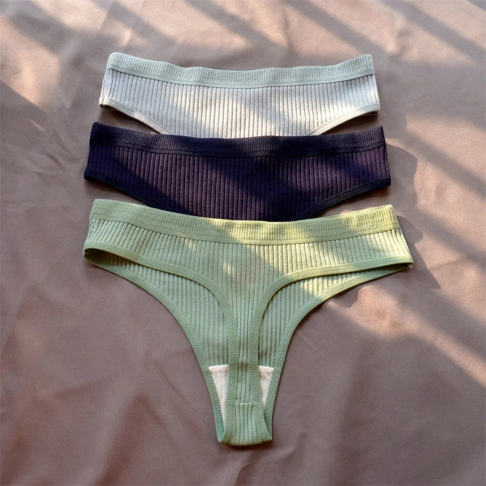 Cotton Ribbed Thong 3PCS Women's Seamless Low Rise G String